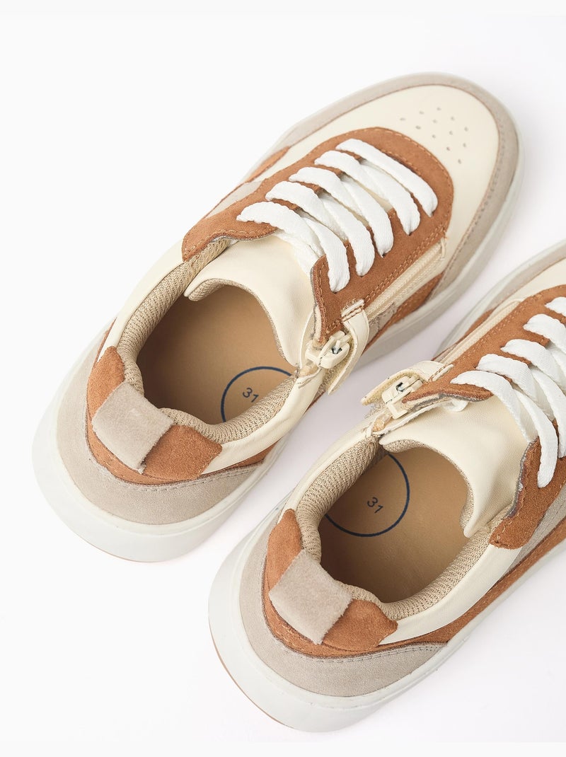 Baskets bi-matière à lacets Beige clair - Kiabi