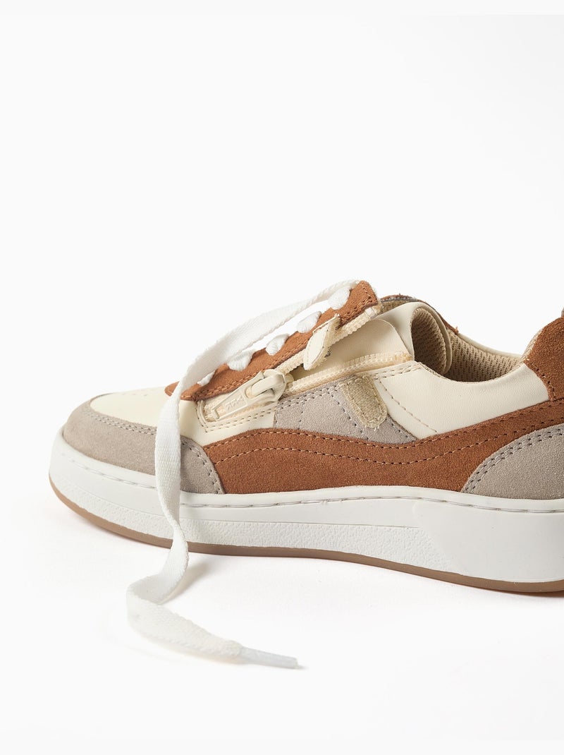 Baskets bi-matière à lacets Beige clair - Kiabi