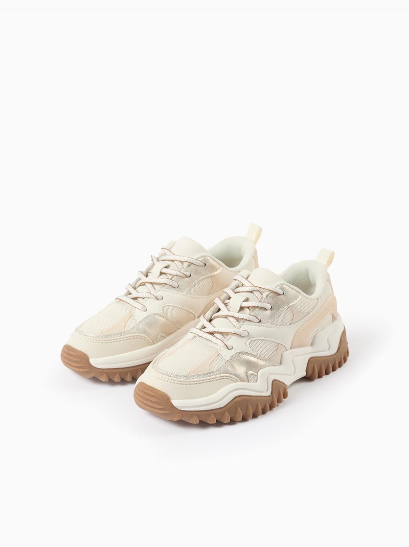 Baskets bi-matière à lacets et semelle épaisse Blanc - Kiabi