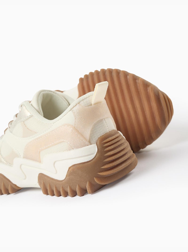 Baskets bi-matière à lacets et semelle épaisse Blanc - Kiabi