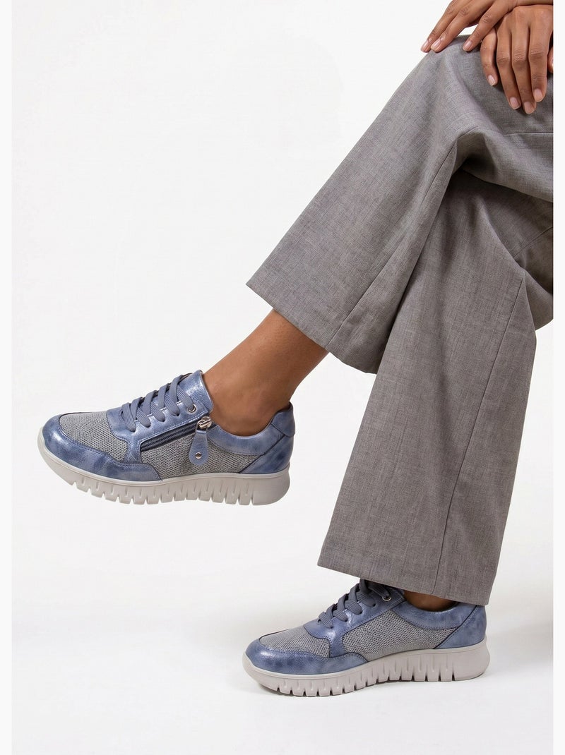 Baskets bi-matière lacées et zippées largeur confort - afibel Bleu - Kiabi