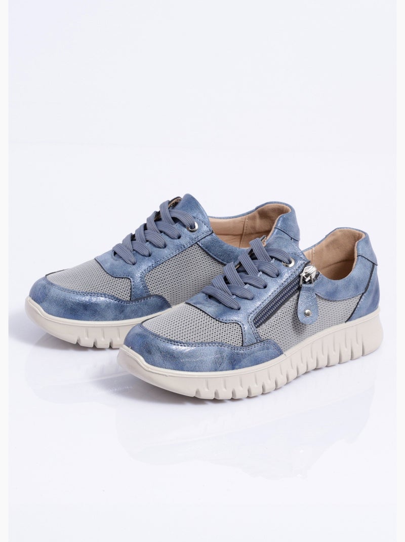 Baskets bi-matière lacées et zippées largeur confort - afibel Bleu - Kiabi