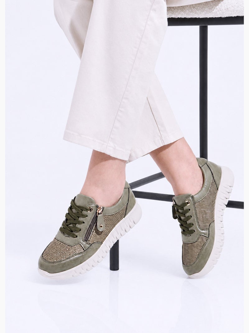 Baskets bi-matière lacées et zippées largeur confort - afibel Kaki - Kiabi