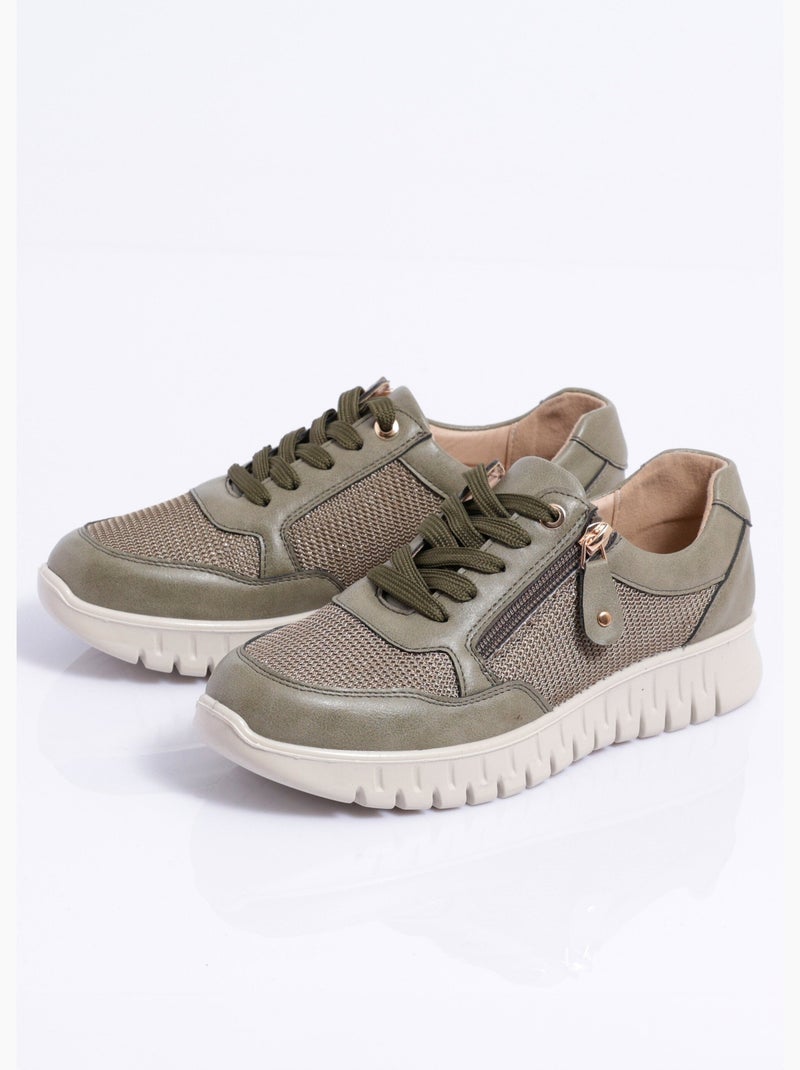 Baskets bi-matière lacées et zippées largeur confort - afibel Kaki - Kiabi