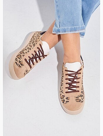 Baskets compensées cuir à lacets imprimé léopard