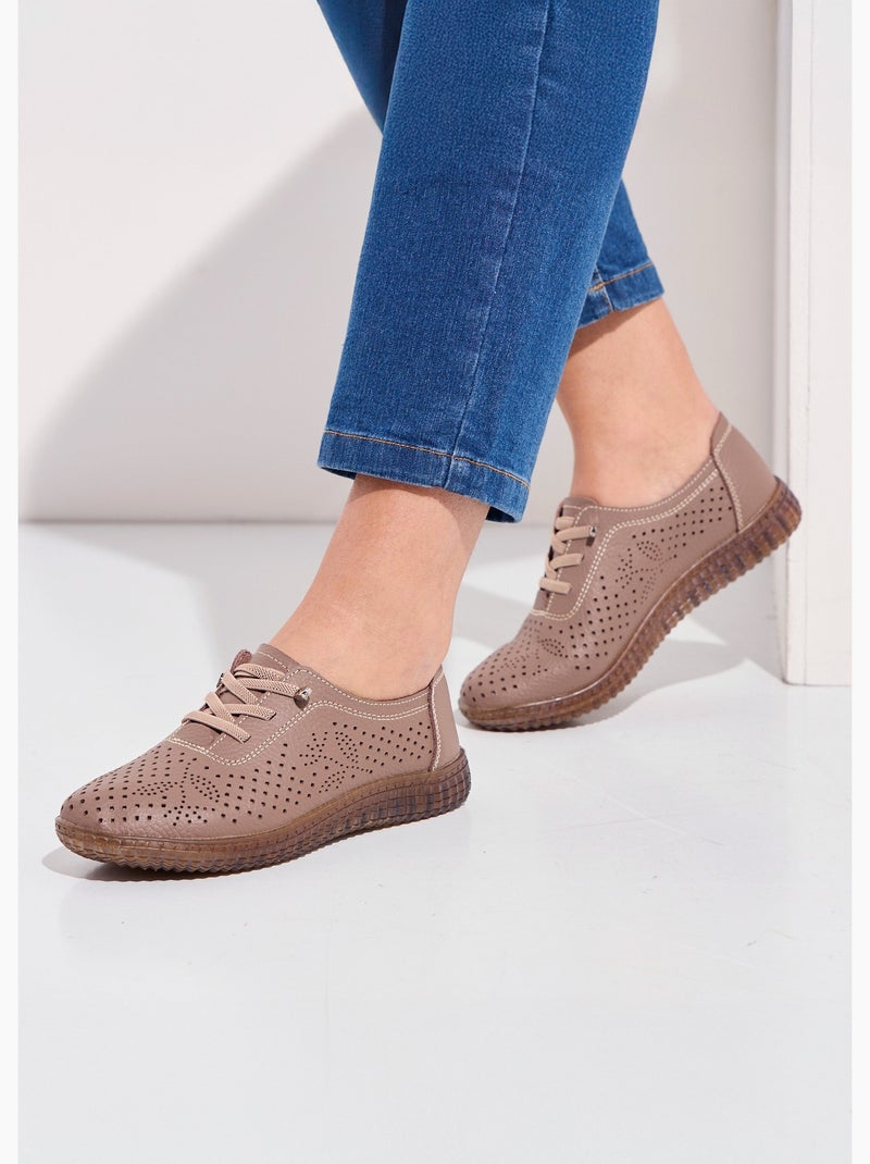 Baskets lacées cuir perforé largeur confort - Afibel Taupe - Kiabi