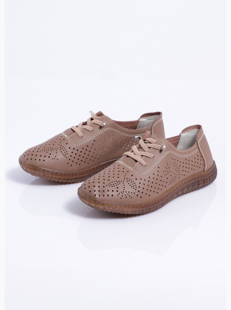 Baskets lacées cuir perforé largeur confort - Afibel Taupe - Kiabi