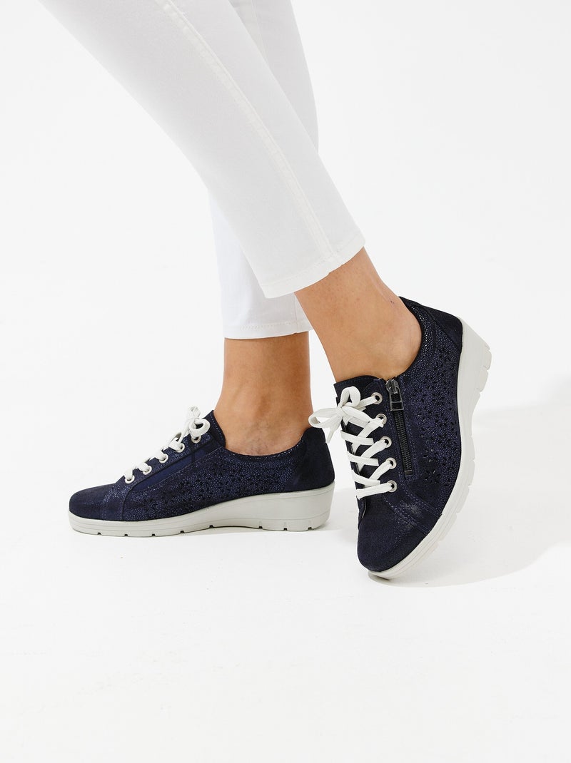 Baskets lacées grande largeur cuir - Afibel Bleu marine - Kiabi