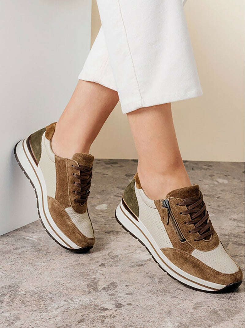 Baskets largeur confort cuir bi-matière - Afibel Beige - Kiabi