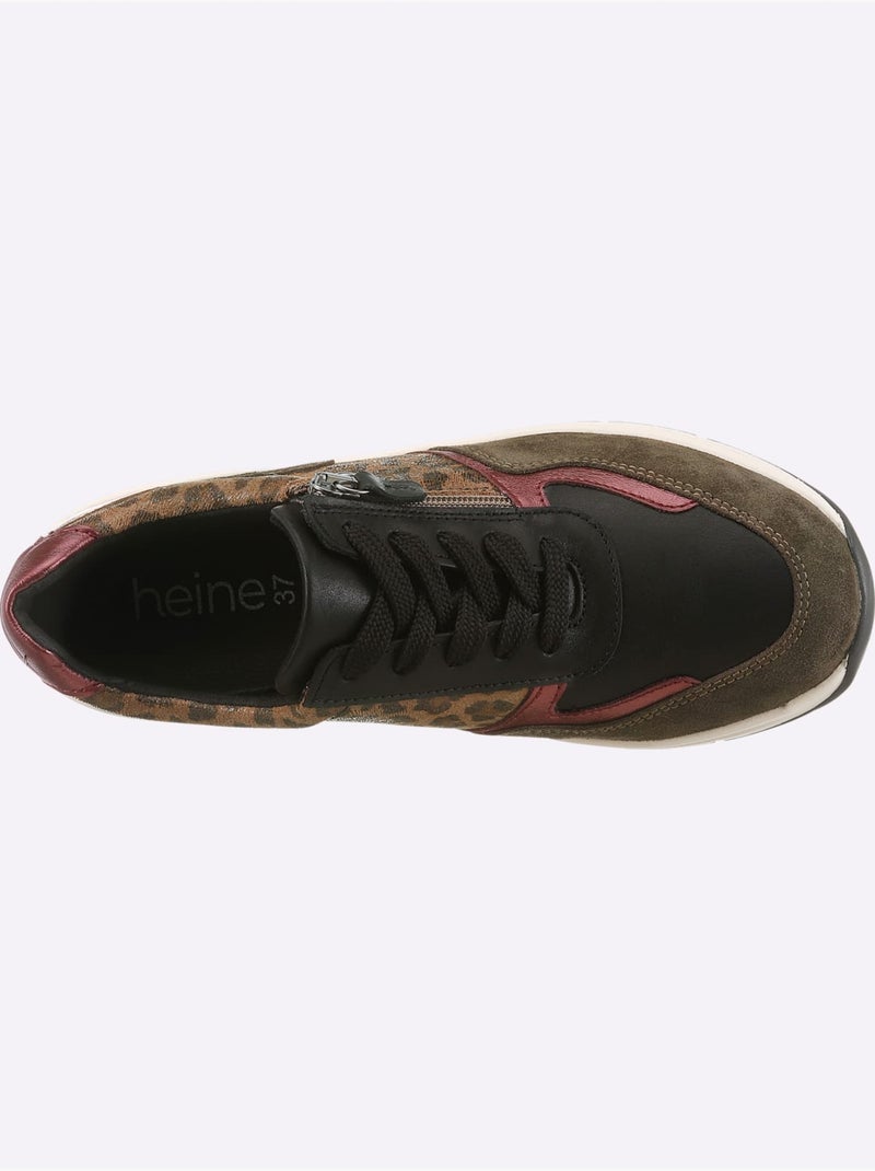 Baskets mélange de cuir velours vachette, synthétique et textile - taille standard - helline Kaki - Kiabi