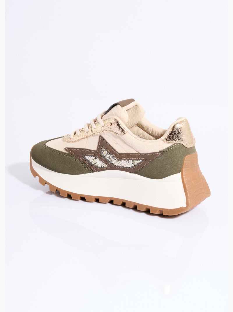 Baskets multimatières semelle compensée - AFIBEL Beige/Vert - Kiabi