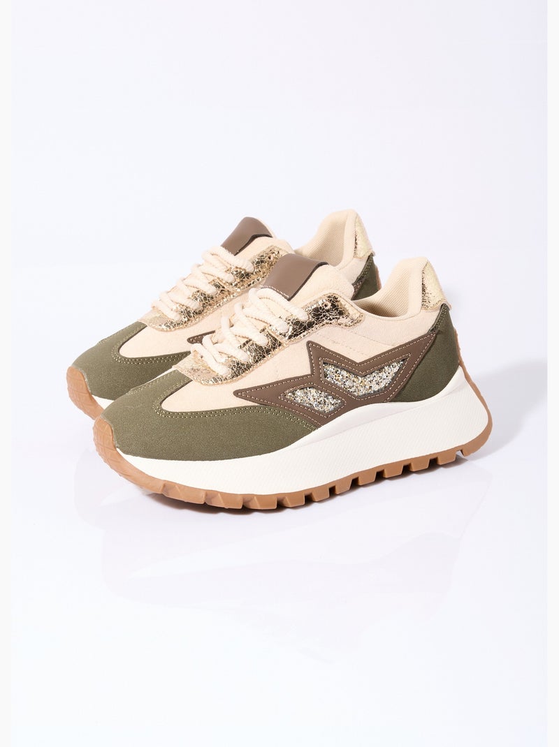 Baskets multimatières semelle compensée - AFIBEL Beige/Vert - Kiabi