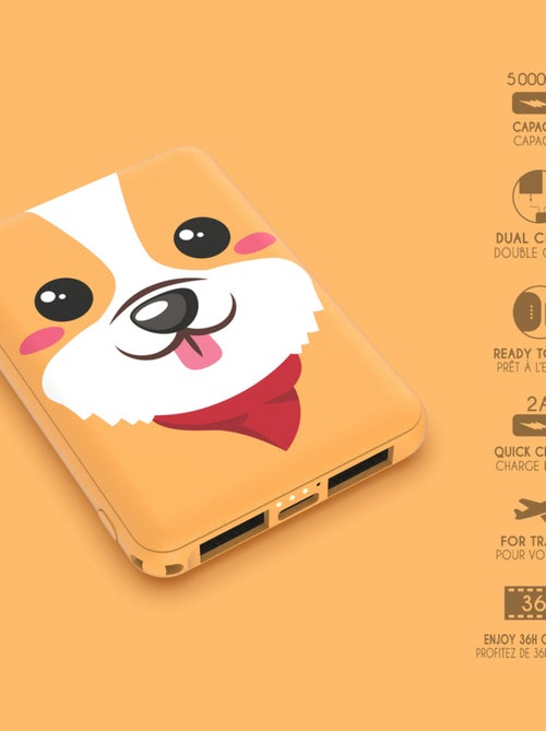 Batterie Externe Power Animal Corgi - 5 000mAh - Charge Rapide 2A - Double Port USB - MOB - Kiabi
