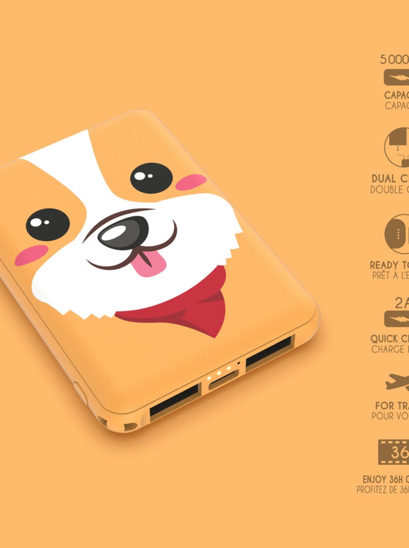 Batterie Externe Power Animal Corgi - 5 000mAh - Charge Rapide 2A - Double Port USB - MOB Orange - Kiabi