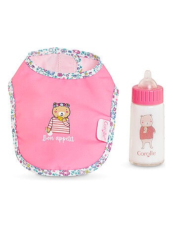 Bavoir Rose et Biberon Magique pour grand poupon 36/42 cm