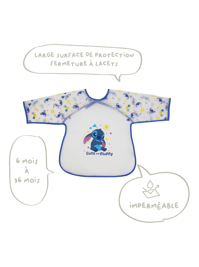 Bavoir tablier imperméable à manches longues 12 mois - Stitch - Babycalin Blanc Violet Bleu - Kiabi
