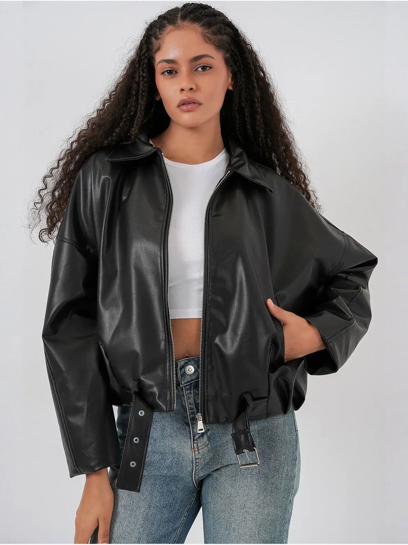 Bdart veste oversize en simili cuir avec ceinture Noir - Kiabi