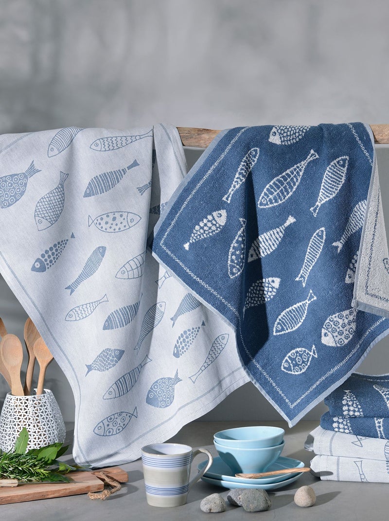 Becquet - Lot de 4 lot torchons + essuie-mains PISCIS en coton Bleu - Kiabi