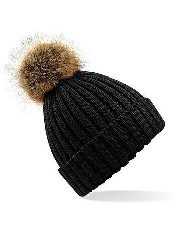 Beechfield Bonnet en tricot Pom Pom en fausse fourrure
