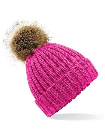 Beechfield Bonnet en tricot Pom Pom en fausse fourrure