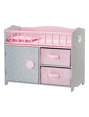Berceau poupée bois rose gris avec rangement pour poupées 46 cm