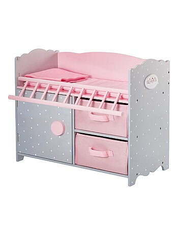 Berceau poupée bois rose gris avec rangement pour poupées 46 cm
