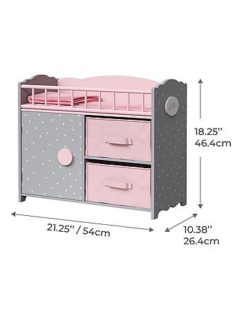 Berceau poupée bois rose gris avec rangement pour poupées 46 cm