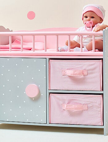 Berceau poupée bois rose gris avec rangement pour poupées 46 cm