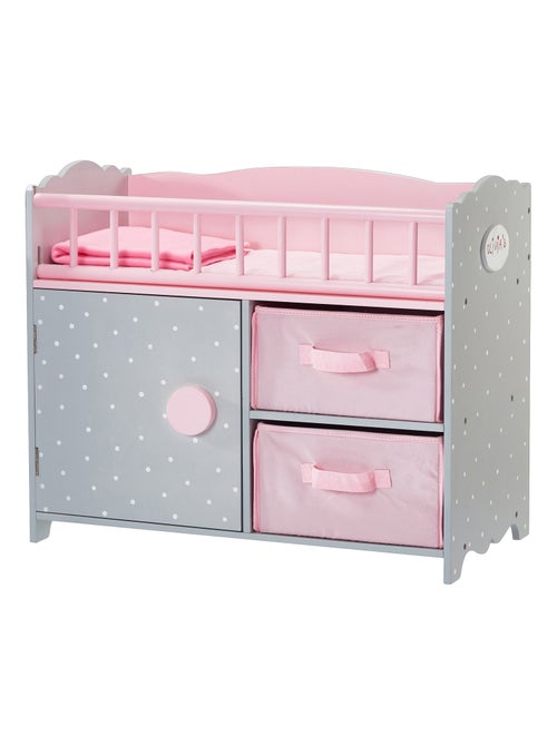 Berceau poupée bois rose gris avec rangement pour poupées 46 cm - Kiabi