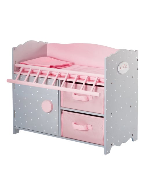 Berceau poupée bois rose gris avec rangement pour poupées 46 cm - Kiabi