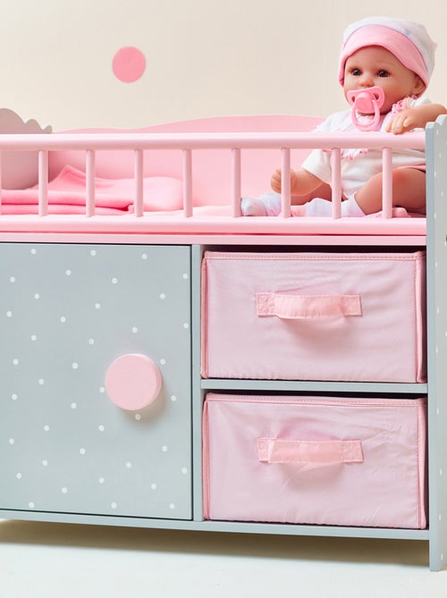 Berceau poupée bois rose gris avec rangement pour poupées 46 cm - Kiabi