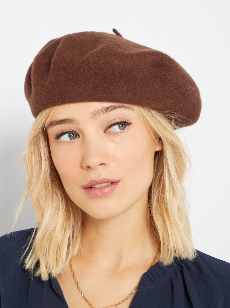 Beret uni en laine brun - Kiabi
