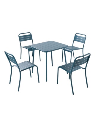 BERGAME - Ensemble table + chaise en acier bleu 4 places