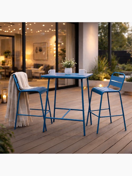 BERGAME Ensemble table de bar et 2 chaises hautes d'extérieur bleu - Kiabi