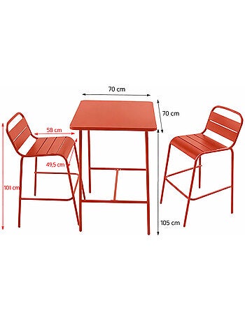 BERGAME Ensemble table de bar et 2 chaises hautes d'extérieur terracotta