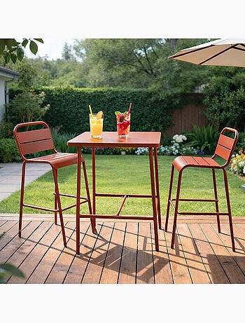 BERGAME Ensemble table de bar et 2 chaises hautes d'extérieur terracotta