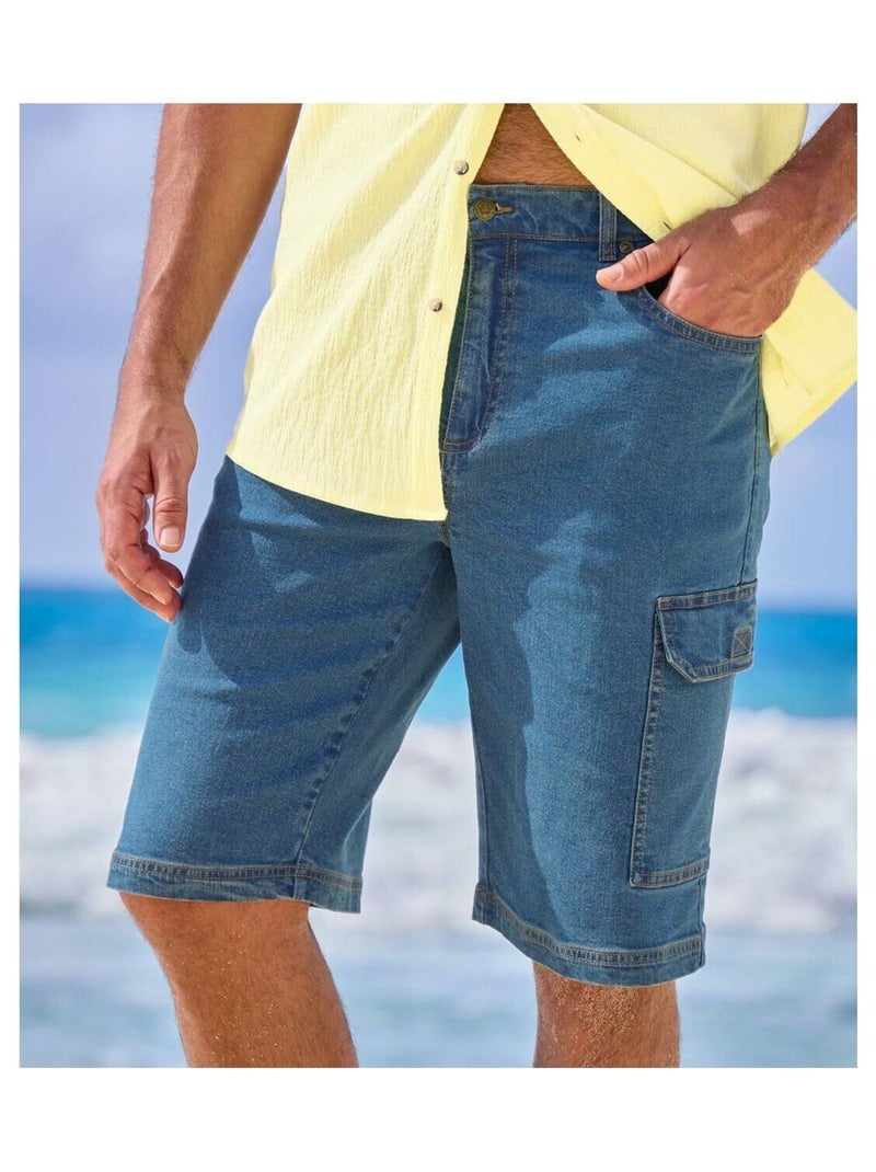 Bermuda Cargo en Jean Stretch Confort   - ATLAS FOR MEN Bleu - Kiabi