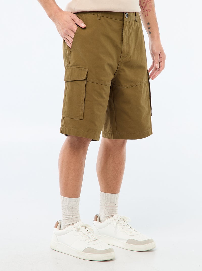 Bermuda chino en twill uni multipoches Kaki - Kiabi