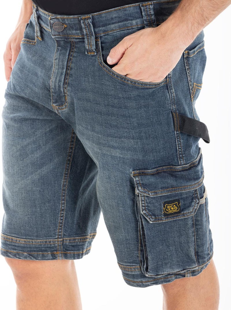 Bermuda de travail multi-poches stretch dirty DENIM 'Rica Lewis' Bleu - Kiabi