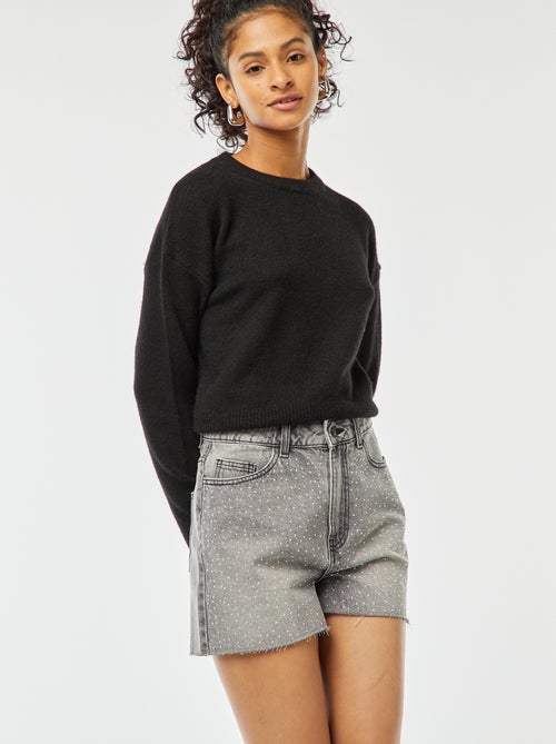 Bermuda en jean 5 poches avec strass - Kiabi