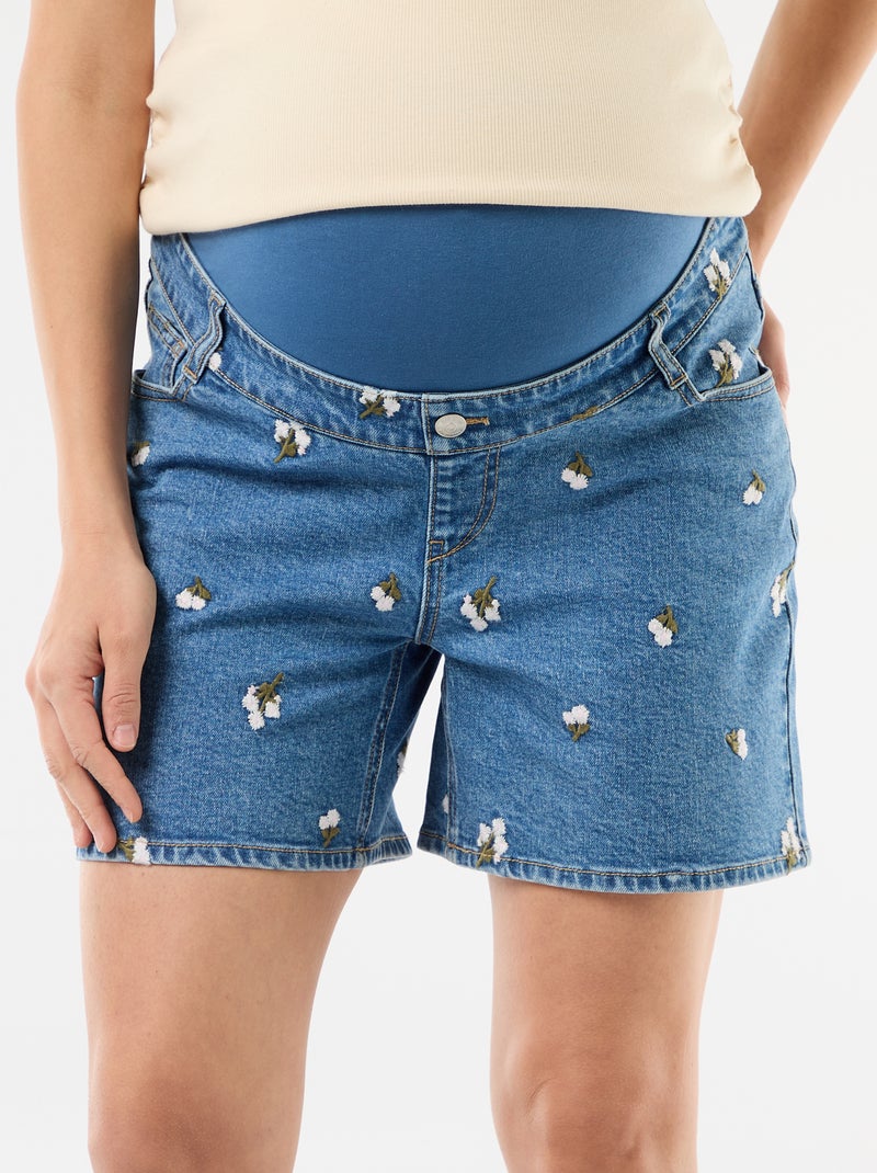 Bermuda en jean taille haute de maternité avec broderies Bleu - Kiabi