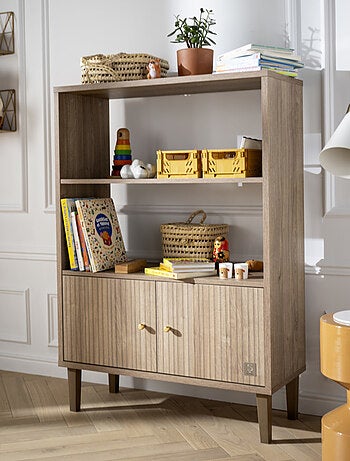 Bibliothèque 2 portes détail imitation bois texturé et pieds bois - SAUTHON