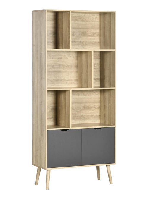 Bibliothèque design - 2 portes, 6 niches - dim. 80L x 35l x 180H cm - aspect chêne clair gris - Kiabi