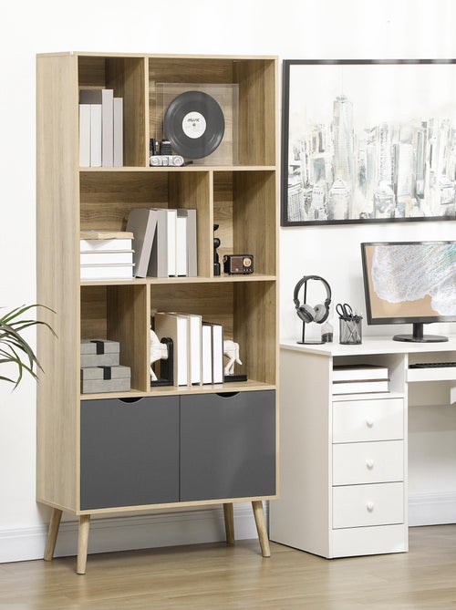 Bibliothèque design - 2 portes, 6 niches - dim. 80L x 35l x 180H cm - aspect chêne clair gris - Kiabi