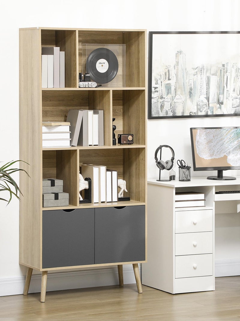 Bibliothèque design - 2 portes, 6 niches - dim. 80L x 35l x 180H cm - aspect chêne clair gris Beige - Kiabi