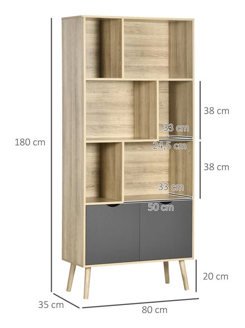 Bibliothèque design - 2 portes, 6 niches - dim. 80L x 35l x 180H cm - aspect chêne clair gris - Kiabi