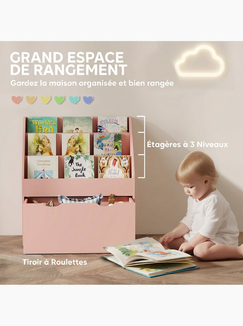 Bibliothèque enfant - 3 étagères, grand tiroir - mdf Rose - Kiabi