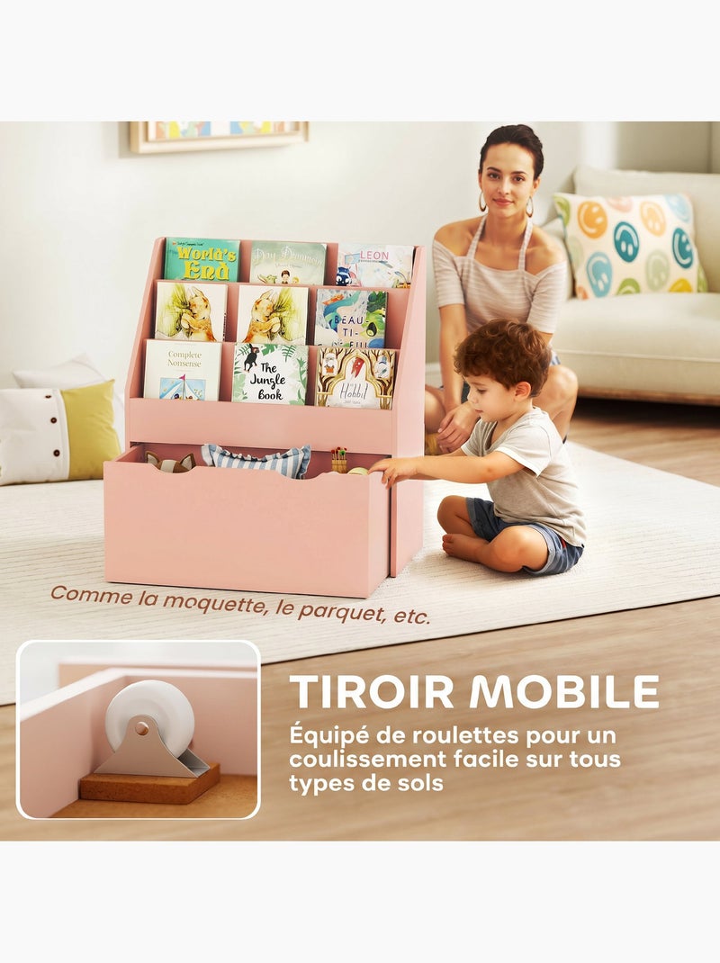 Bibliothèque enfant - 3 étagères, grand tiroir - mdf Rose - Kiabi