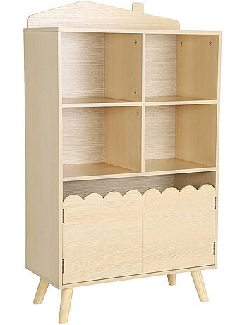 Bibliothèque enfant bois de pin 2 portes 4 étagères azur