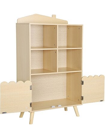 Bibliothèque enfant bois de pin 2 portes 4 étagères azur